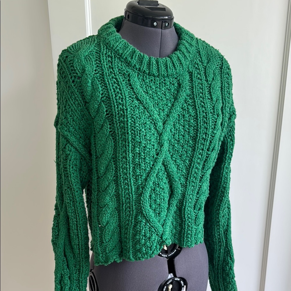 Free People Green Crew Neck Cable Knit Sweater
